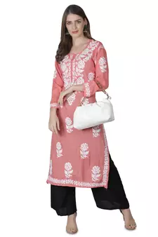 Hand Embroidered Peach Cotton Lucknowi Chikankari Kurti