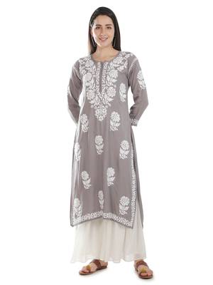 Hand Embroidered Grey Cotton Lucknowi Chikankari Kurti 1