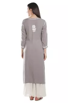 Hand Embroidered Grey Cotton Lucknowi Chikankari Kurti