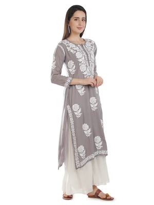 Hand Embroidered Grey Cotton Lucknowi Chikankari Kurti 3