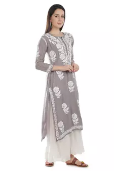 Hand Embroidered Grey Cotton Lucknowi Chikankari Kurti