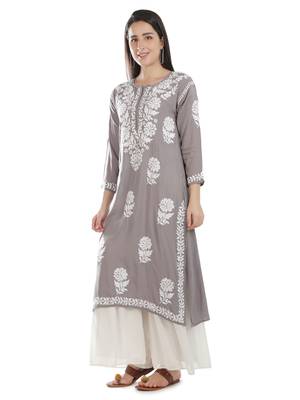 Hand Embroidered Grey Cotton Lucknowi Chikankari Kurti 4