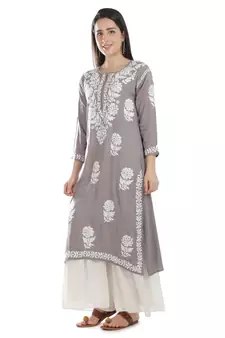 Hand Embroidered Grey Cotton Lucknowi Chikankari Kurti