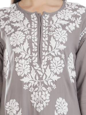 Hand Embroidered Grey Cotton Lucknowi Chikankari Kurti 5