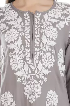 Hand Embroidered Grey Cotton Lucknowi Chikankari Kurti