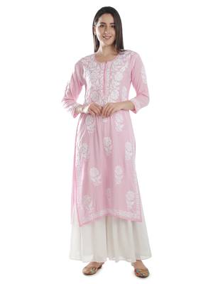 Hand Embroidered Pink Cotton Lucknowi Chikankari Kurti 1