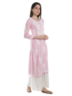 Hand Embroidered Pink Cotton Lucknowi Chikankari Kurti 3