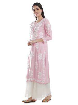 Hand Embroidered Pink Cotton Lucknowi Chikankari Kurti 4