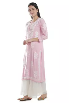Hand Embroidered Pink Cotton Lucknowi Chikankari Kurti