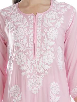 Hand Embroidered Pink Cotton Lucknowi Chikankari Kurti 5