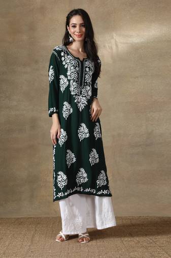 Hand Embroidered Dark Green Cotton Lucknowi Chikankari Kurti