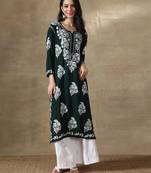 Hand Embroidered Dark Green Cotton Lucknowi Chikankari Kurti