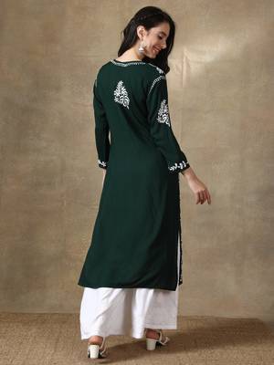 Hand Embroidered Dark Green Cotton Lucknowi Chikankari Kurti 2