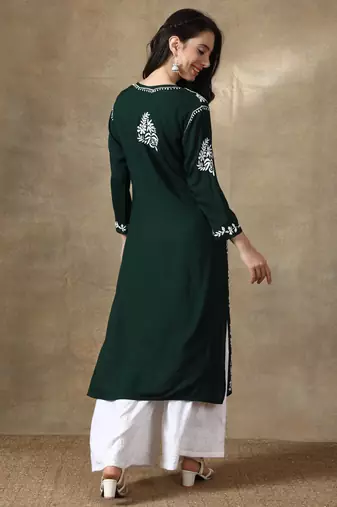 Hand Embroidered Dark Green Cotton Lucknowi Chikankari Kurti