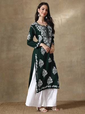 Hand Embroidered Dark Green Cotton Lucknowi Chikankari Kurti 3