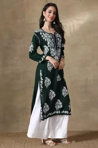 Hand Embroidered Dark Green Cotton Lucknowi Chikankari Kurti