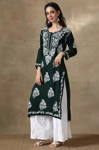 Hand Embroidered Dark Green Cotton Lucknowi Chikankari Kurti