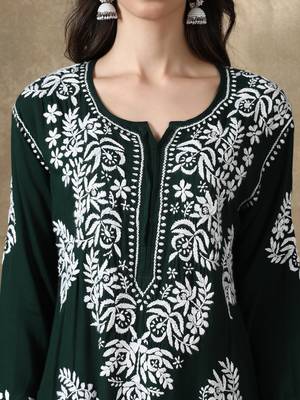 Hand Embroidered Dark Green Cotton Lucknowi Chikankari Kurti 5