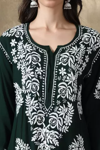 Hand Embroidered Dark Green Cotton Lucknowi Chikankari Kurti