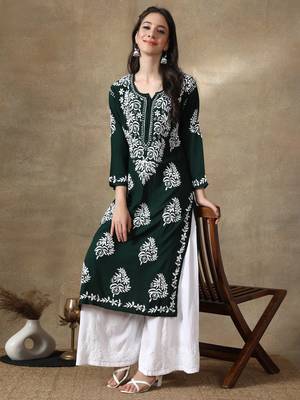 Hand Embroidered Dark Green Cotton Lucknowi Chikankari Kurti 6
