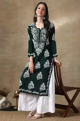 Hand Embroidered Dark Green Cotton Lucknowi Chikankari Kurti
