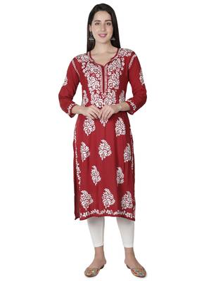 Hand Embroidered Maroon Cotton Lucknowi Chikankari Kurti 1