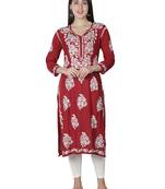 Hand Embroidered Maroon Cotton Lucknowi Chikankari Kurti
