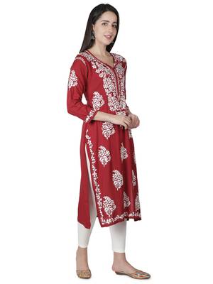 Hand Embroidered Maroon Cotton Lucknowi Chikankari Kurti 3