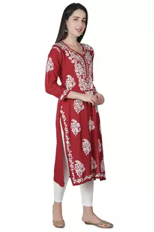 Hand Embroidered Maroon Cotton Lucknowi Chikankari Kurti