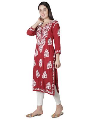 Hand Embroidered Maroon Cotton Lucknowi Chikankari Kurti 4