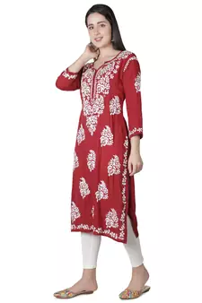 Hand Embroidered Maroon Cotton Lucknowi Chikankari Kurti