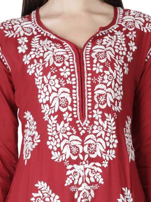 Hand Embroidered Maroon Cotton Lucknowi Chikankari Kurti 5