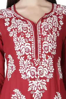 Hand Embroidered Maroon Cotton Lucknowi Chikankari Kurti