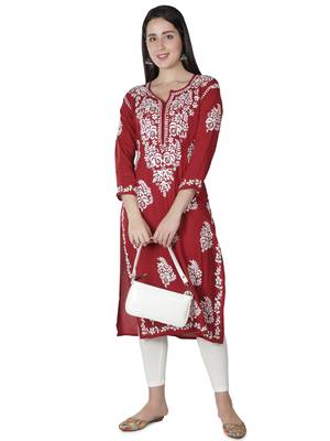Hand Embroidered Maroon Cotton Lucknowi Chikankari Kurti 6