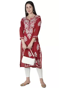 Hand Embroidered Maroon Cotton Lucknowi Chikankari Kurti