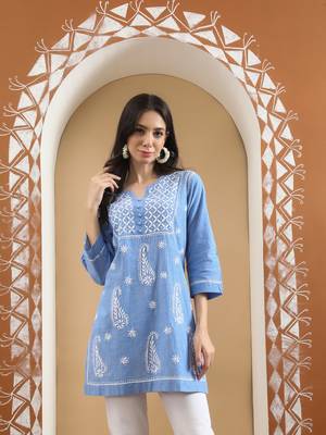 Hand Embroidered Blue Cotton Lucknowi Chikankari Short Kurti 1