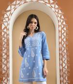 Hand Embroidered Blue Cotton Lucknowi Chikankari Short Kurti