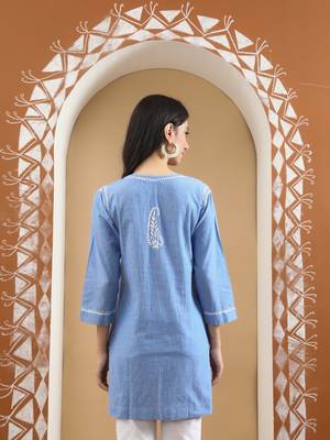 Hand Embroidered Blue Cotton Lucknowi Chikankari Short Kurti 2