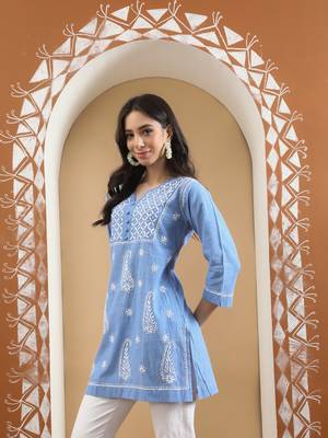 Hand Embroidered Blue Cotton Lucknowi Chikankari Short Kurti 3