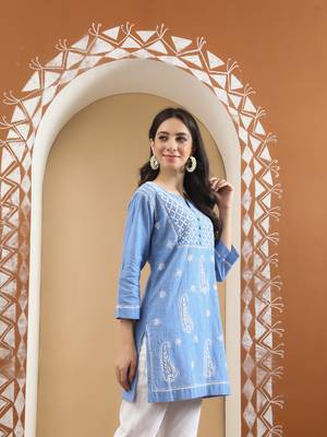 Hand Embroidered Blue Cotton Lucknowi Chikankari Short Kurti 4