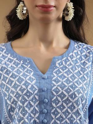 Hand Embroidered Blue Cotton Lucknowi Chikankari Short Kurti 5