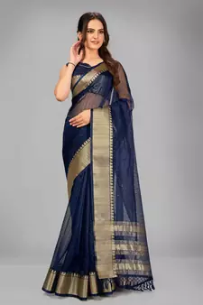 Navy blue woven silk saree with blouse
