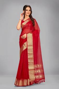 Red woven silk saree with blouse