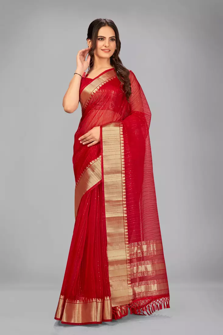 Red woven silk saree with blouse