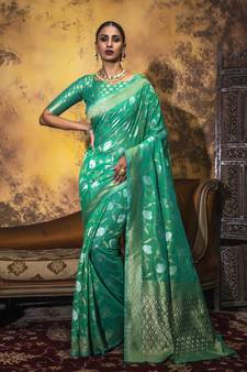 Sea Green Woven Cotton Saree With Blouse