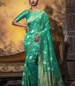 Sea Green Woven Cotton Saree With Blouse