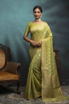 Olive Woven Cotton Saree With Blouse