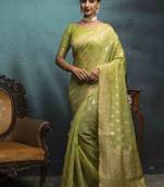 Olive Woven Cotton Saree With Blouse