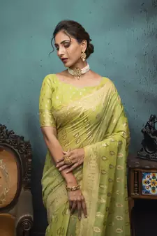 Olive Woven Cotton Saree With Blouse