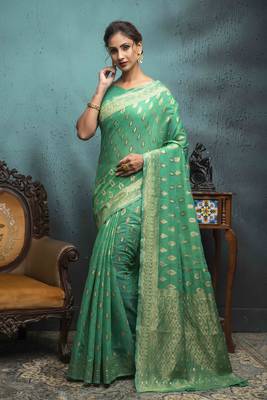 Sea Green Woven Cotton Saree With Blouse 1